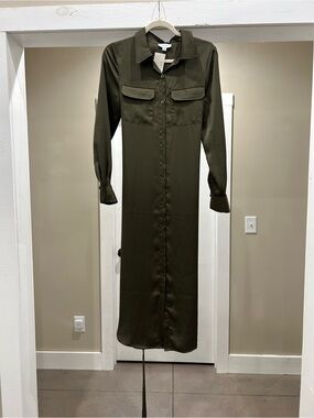 Evereve Olive Long Sleeve Button-Front Shirt Dress